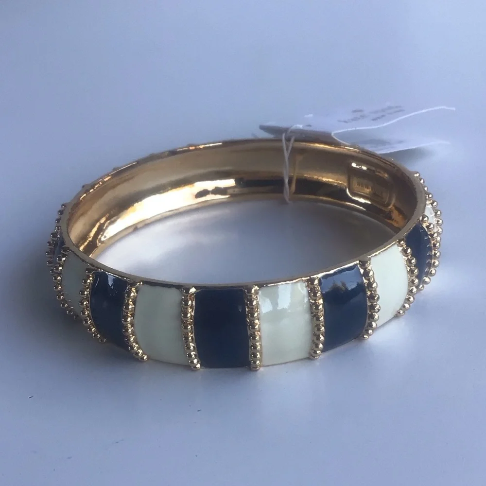 Kate Spade Gold, white ivory and Navy Striped beaded Bracelet chunky bangle - Picture 14 of 16